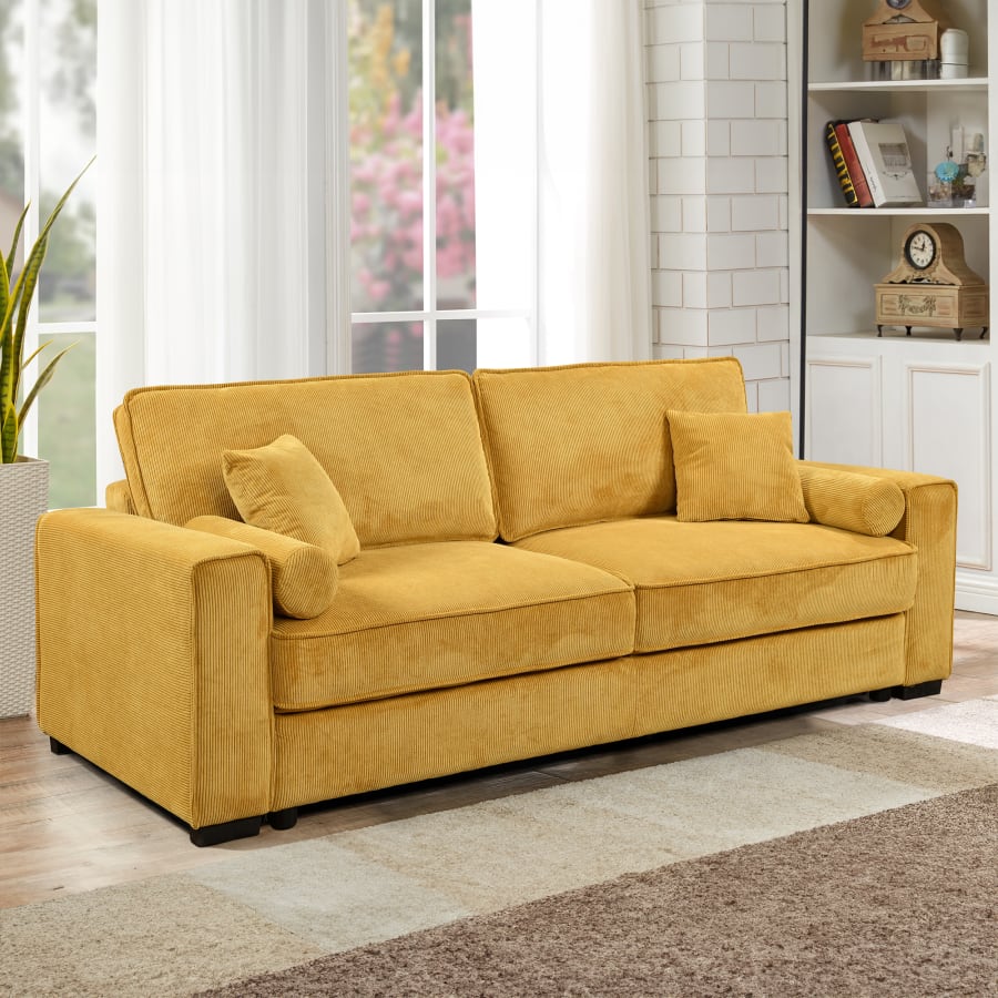 Canap&eacute; 3 places convertible en velours c&ocirc;tel&eacute; jaune