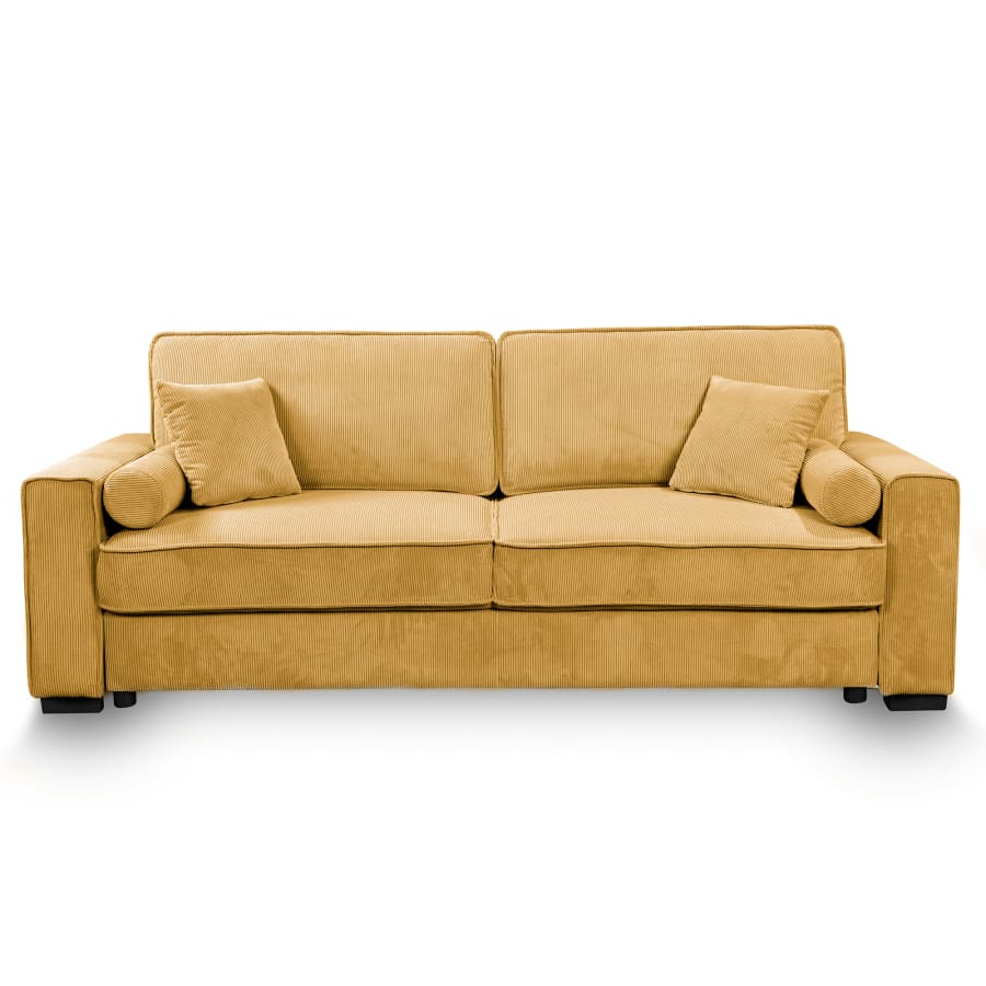 Canap&eacute; 3 places convertible en velours c&ocirc;tel&eacute; jaune