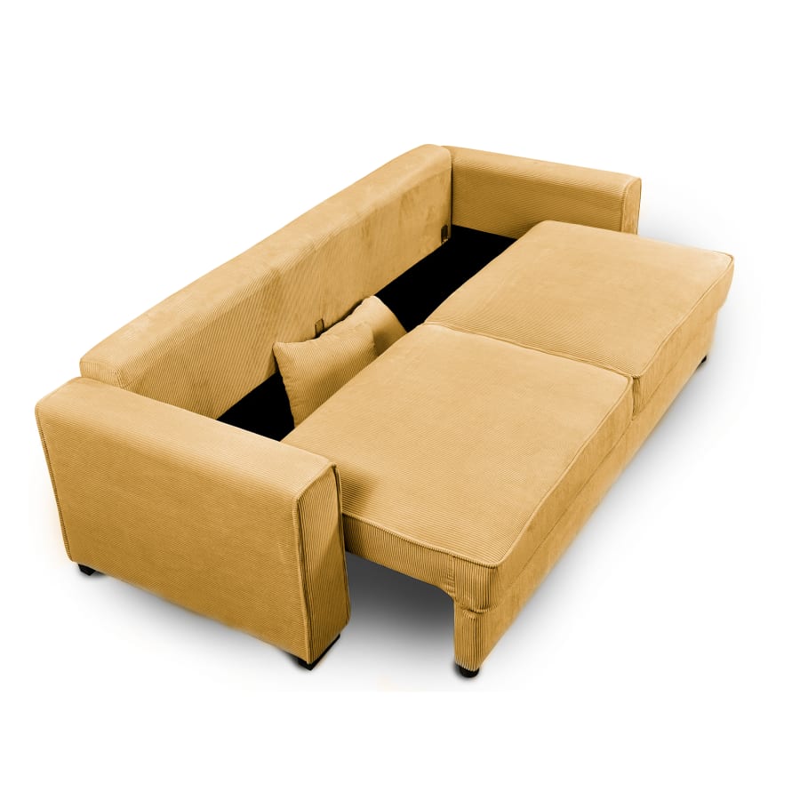 Canap&eacute; 3 places convertible en velours c&ocirc;tel&eacute; jaune