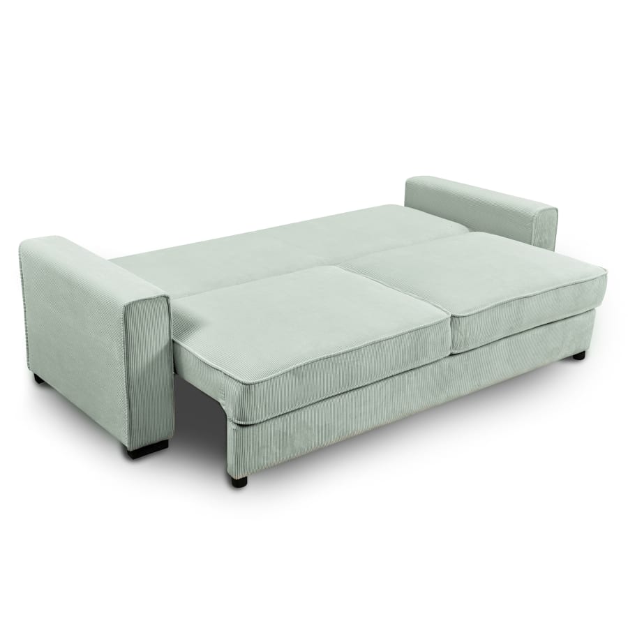 Canap&eacute; 3 places convertible en velours c&ocirc;tel&eacute; vert d'eau