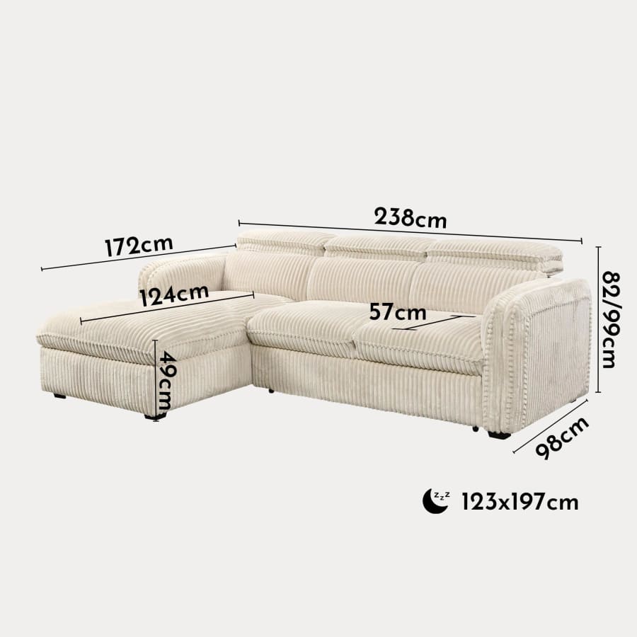 Canapé d'angle convertible en velours côtelé épais beige- Angle gauche