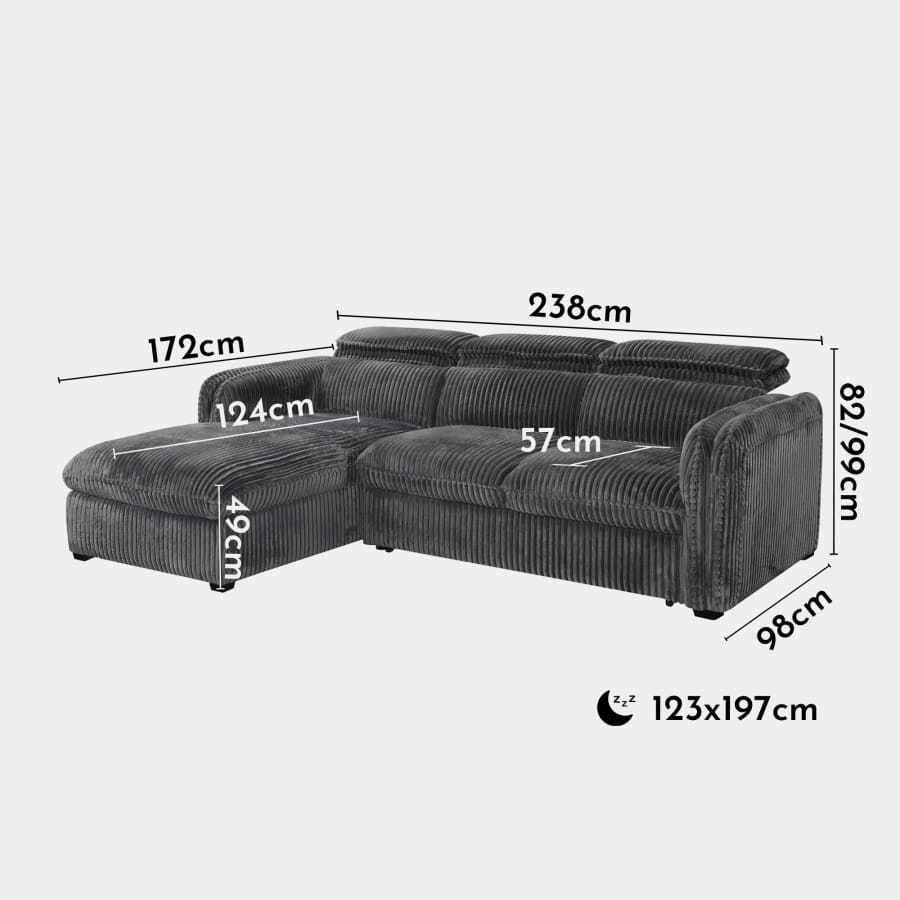 Canapé d'angle convertible en velours côtelé épais gris - Angle gauche