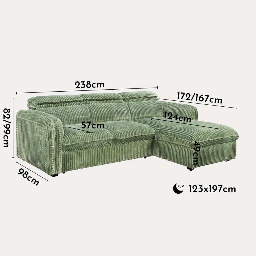 Canapé d'angle convertible en velours côtelé épais vert clair - Angle droit