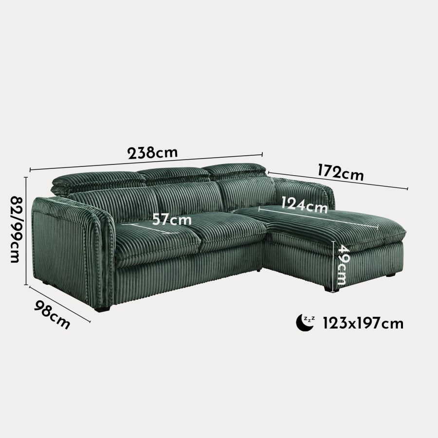 Canapé d'angle convertible en velours côtelé épais vert foncé - Angle droit