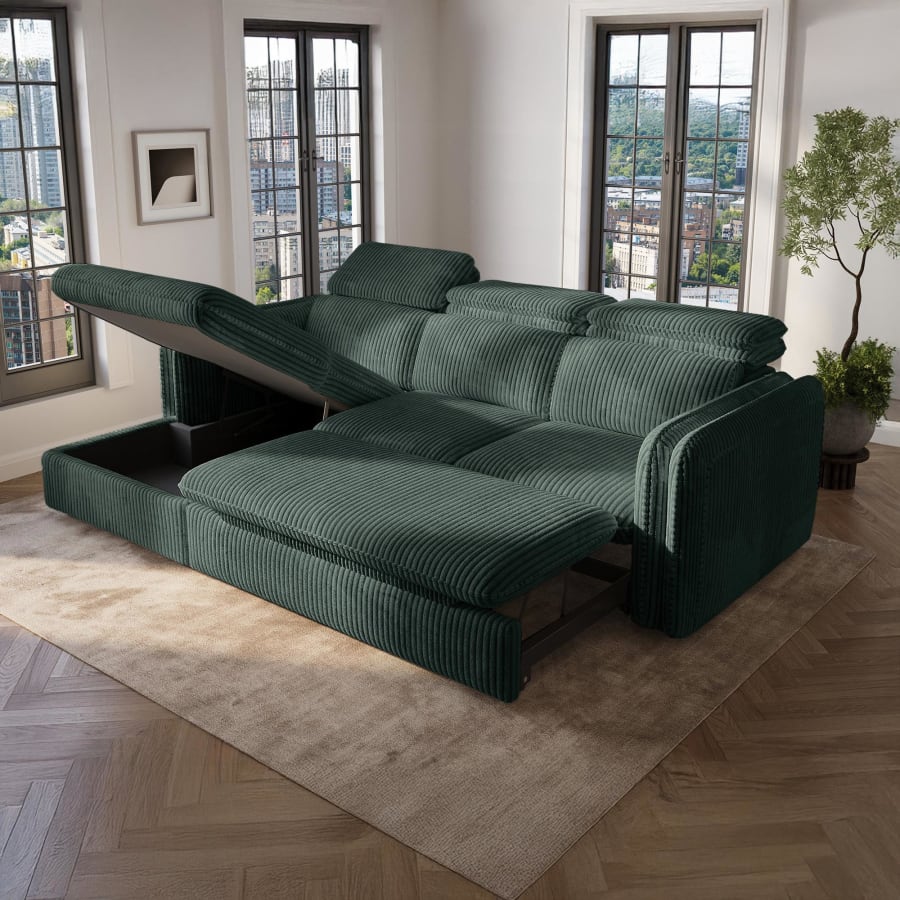 Canapé d'angle convertible en velours côtelé épais vert foncé- Angle gauche