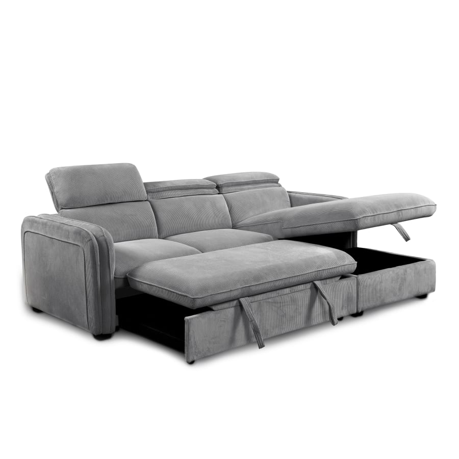 Canap&eacute; d'angle convertible en velours c&ocirc;tel&eacute; gris- Angle droit