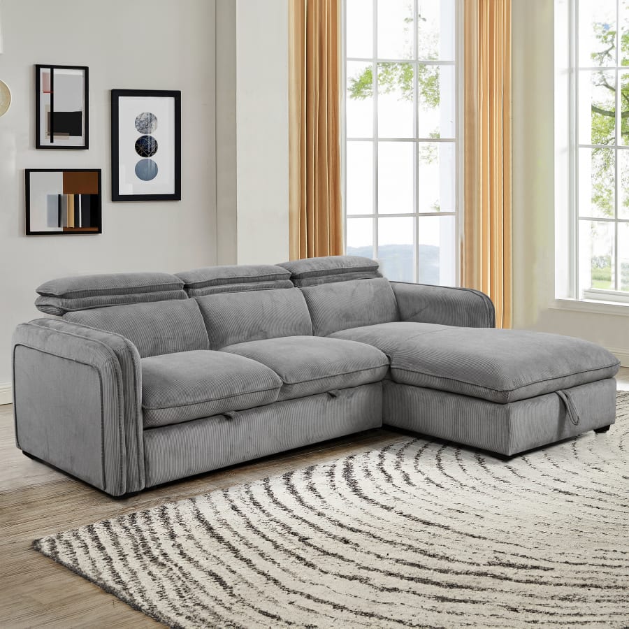 Canap&eacute; d'angle convertible en velours c&ocirc;tel&eacute; gris- Angle droit