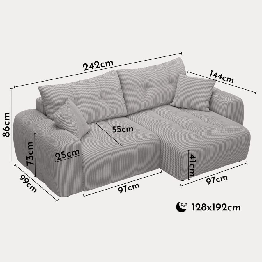 Canap&eacute; d'angle convertible et r&eacute;versible avec coffre en velours c&ocirc;tel&eacute; gris clair