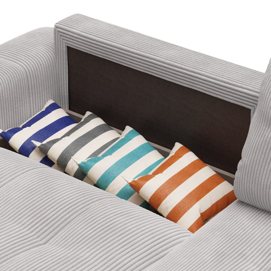 Canap&eacute; d'angle convertible et r&eacute;versible avec coffre en velours c&ocirc;tel&eacute; gris clair