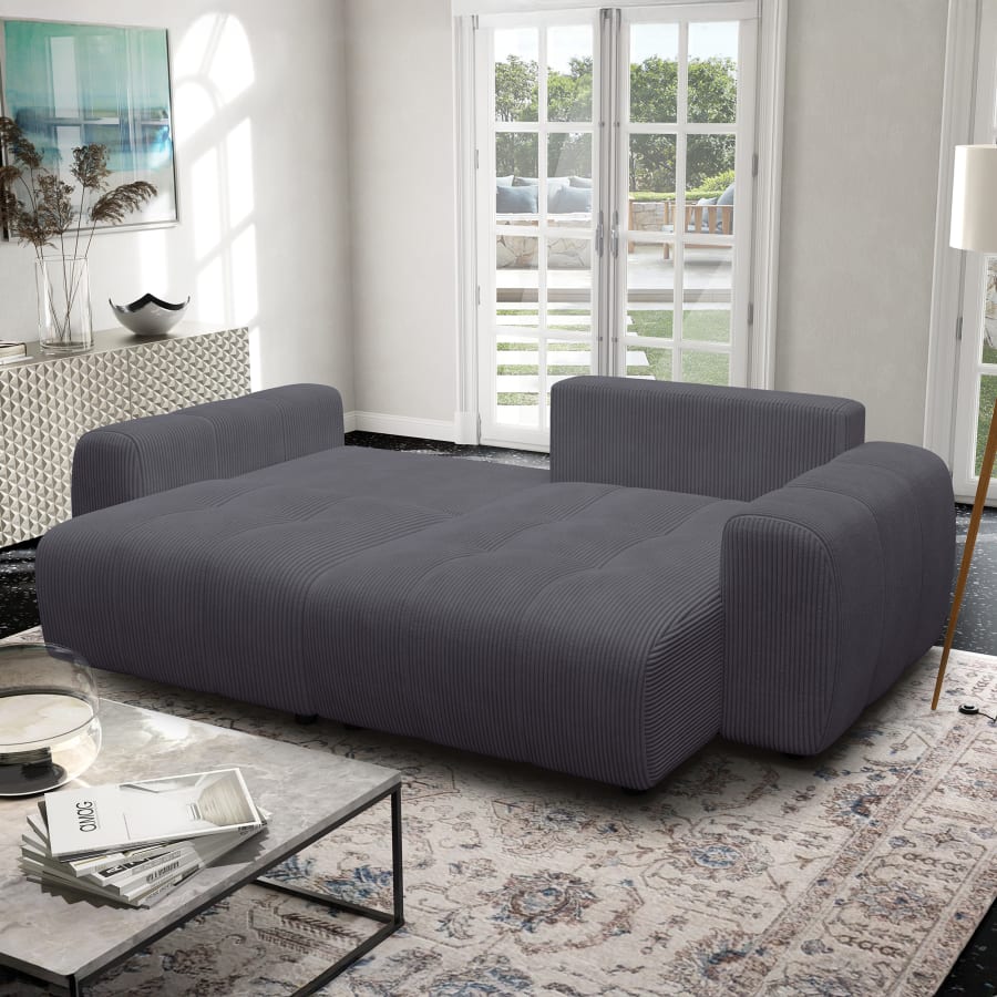 Canap&eacute; d'angle convertible et r&eacute;versible avec coffre en velours c&ocirc;tel&eacute; gris fonc&eacute;