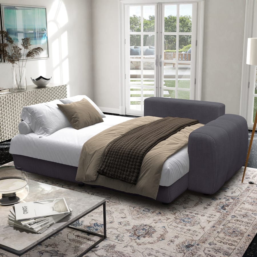 Canap&eacute; d'angle convertible et r&eacute;versible avec coffre en velours c&ocirc;tel&eacute; gris fonc&eacute;