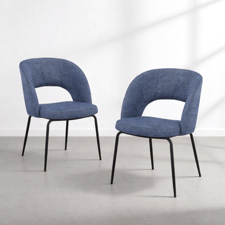 Lot de 2 chaises en tissu bleu pieds en m&eacute;tal noir
