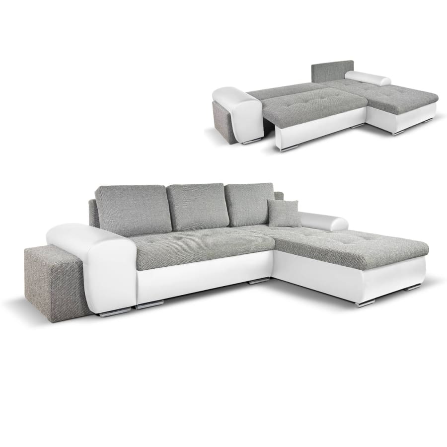 Canap&eacute; d'angle convertible et r&eacute;versible avec coffre en tissu gris et simili blanc