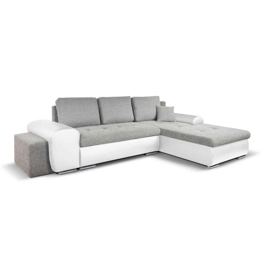 Canap&eacute; d'angle convertible et r&eacute;versible avec coffre en tissu gris et simili blanc