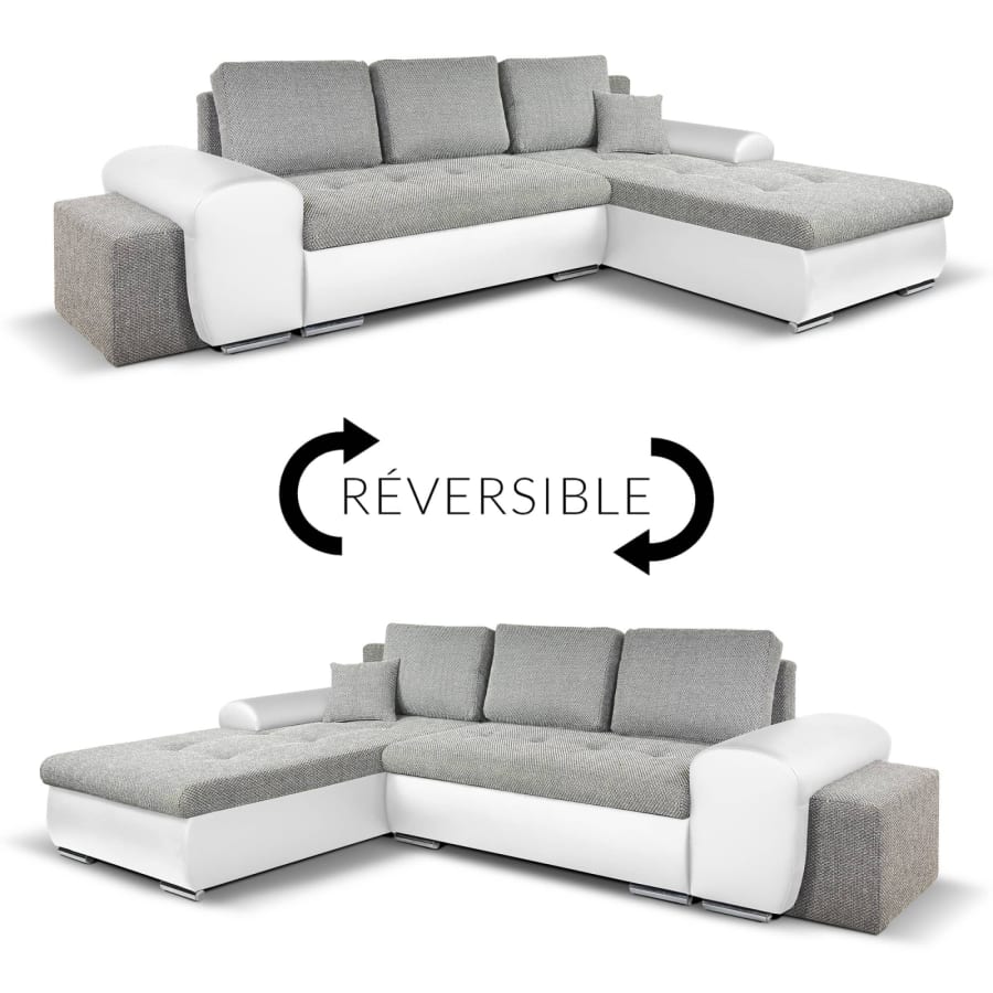 Canap&eacute; d'angle convertible et r&eacute;versible avec coffre en tissu gris et simili blanc