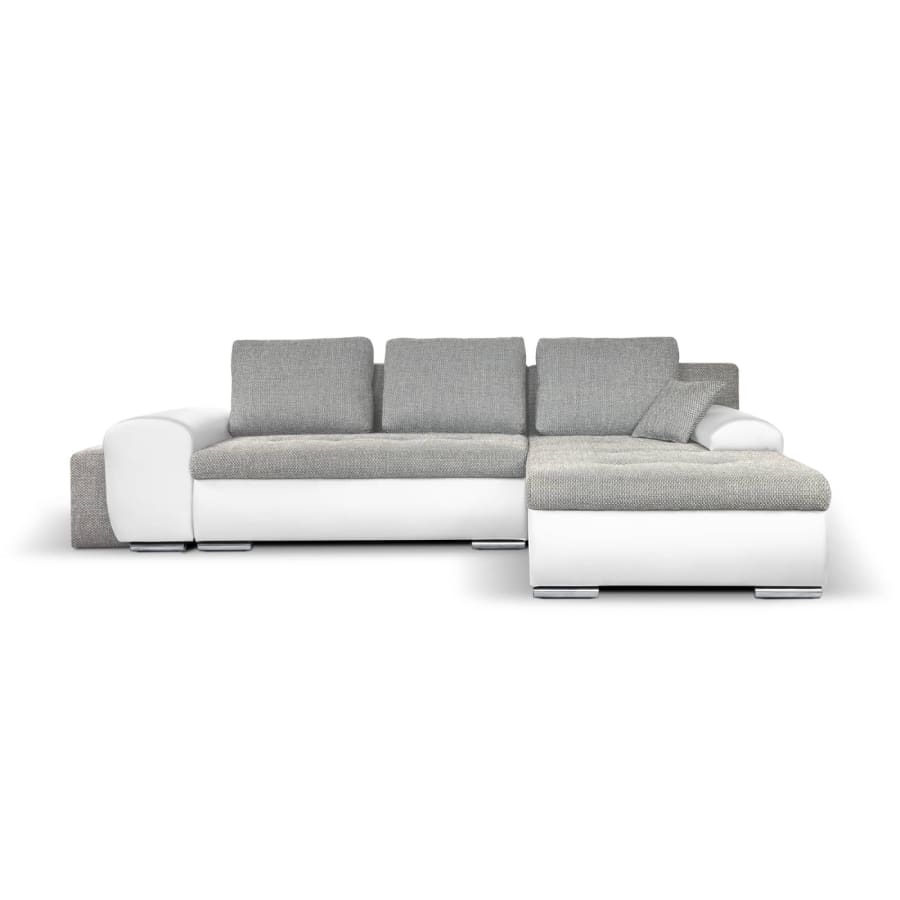 Canap&eacute; d'angle convertible et r&eacute;versible avec coffre en tissu gris et simili blanc