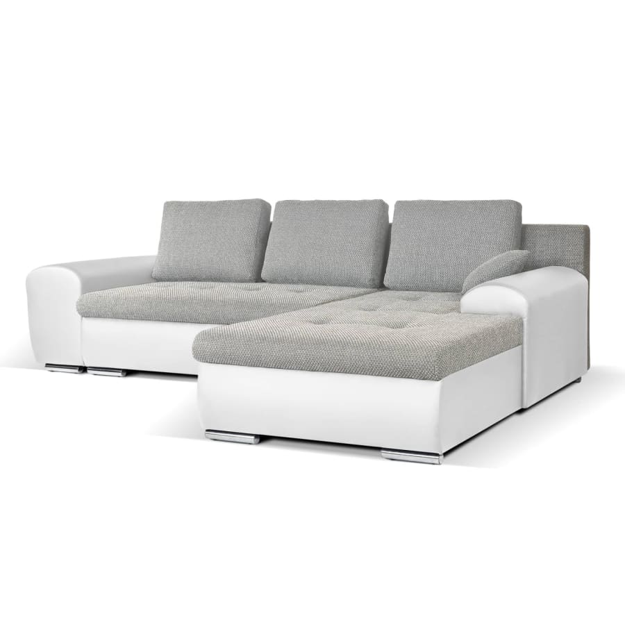 Canap&eacute; d'angle convertible et r&eacute;versible avec coffre en tissu gris et simili blanc