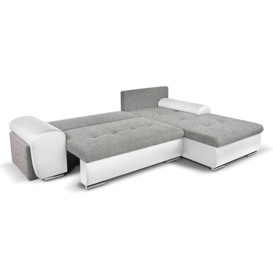 Canap&eacute; d'angle convertible et r&eacute;versible avec coffre en tissu gris et simili blanc