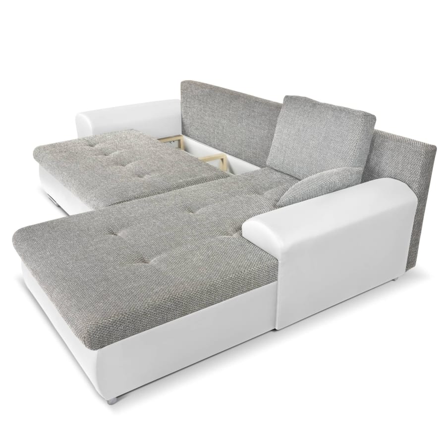 Canap&eacute; d'angle convertible et r&eacute;versible avec coffre en tissu gris et simili blanc