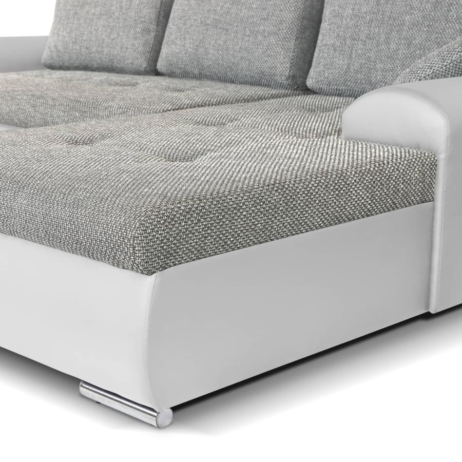 Canap&eacute; d'angle convertible et r&eacute;versible avec coffre en tissu gris et simili blanc