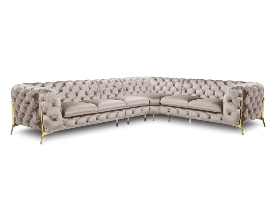Canap&eacute; capitonn&eacute; chesterfield d'angle r&eacute;versible en velours beige