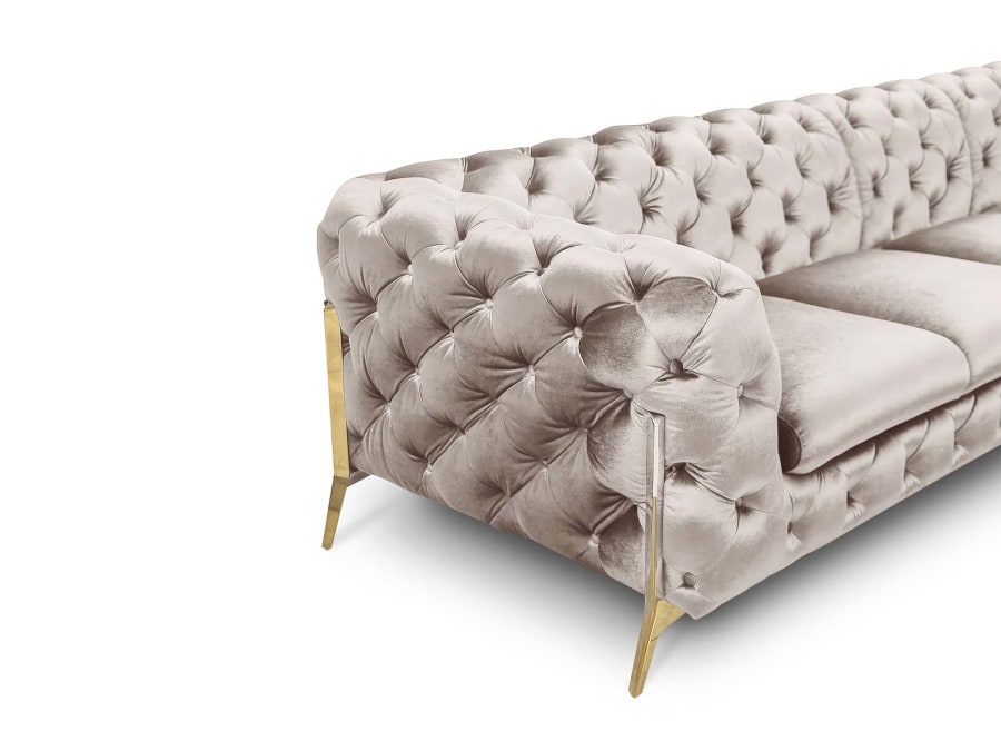 Canap&eacute; capitonn&eacute; chesterfield d'angle r&eacute;versible en velours beige