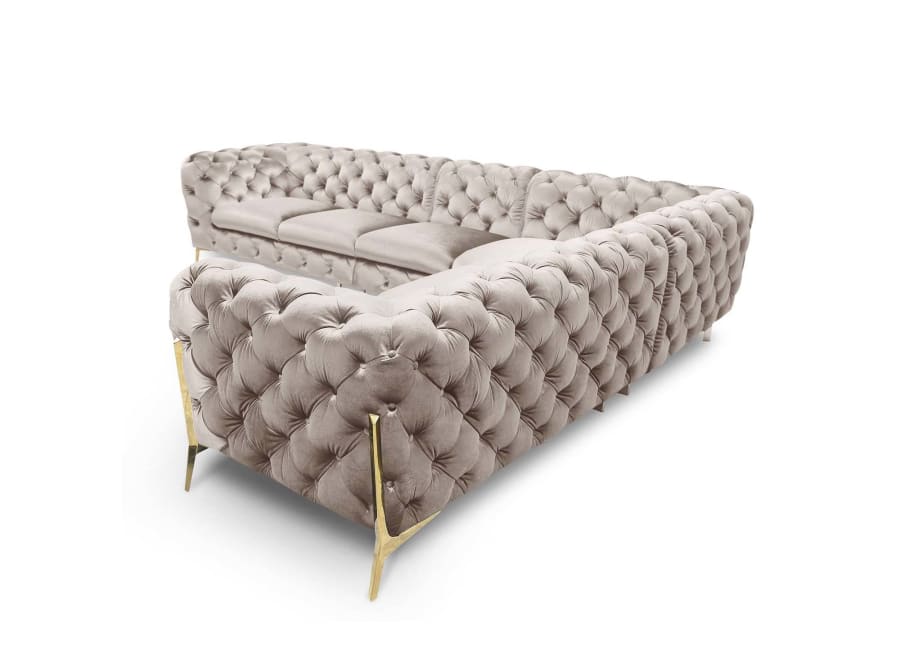 Canap&eacute; capitonn&eacute; chesterfield d'angle r&eacute;versible en velours beige