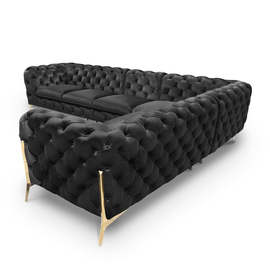 Canap&eacute; capitonn&eacute; chesterfield d'angle r&eacute;versible en velours noir ANGELA