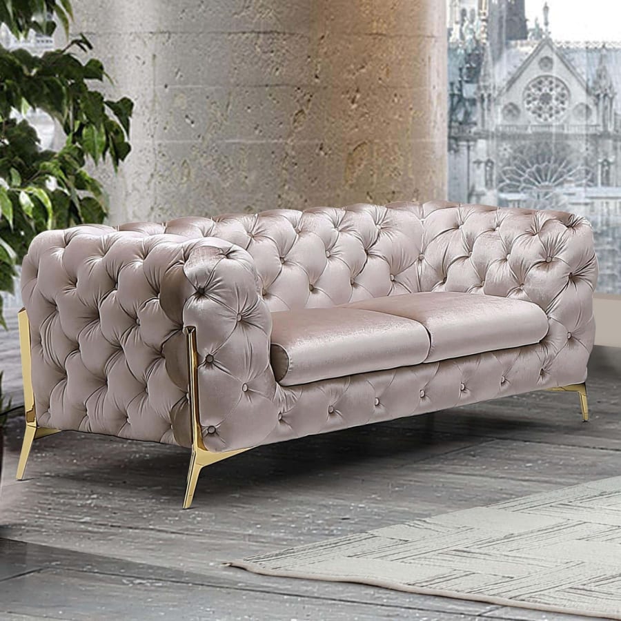 Canapé capitonné chesterfield en velours  beige 2 places Angela