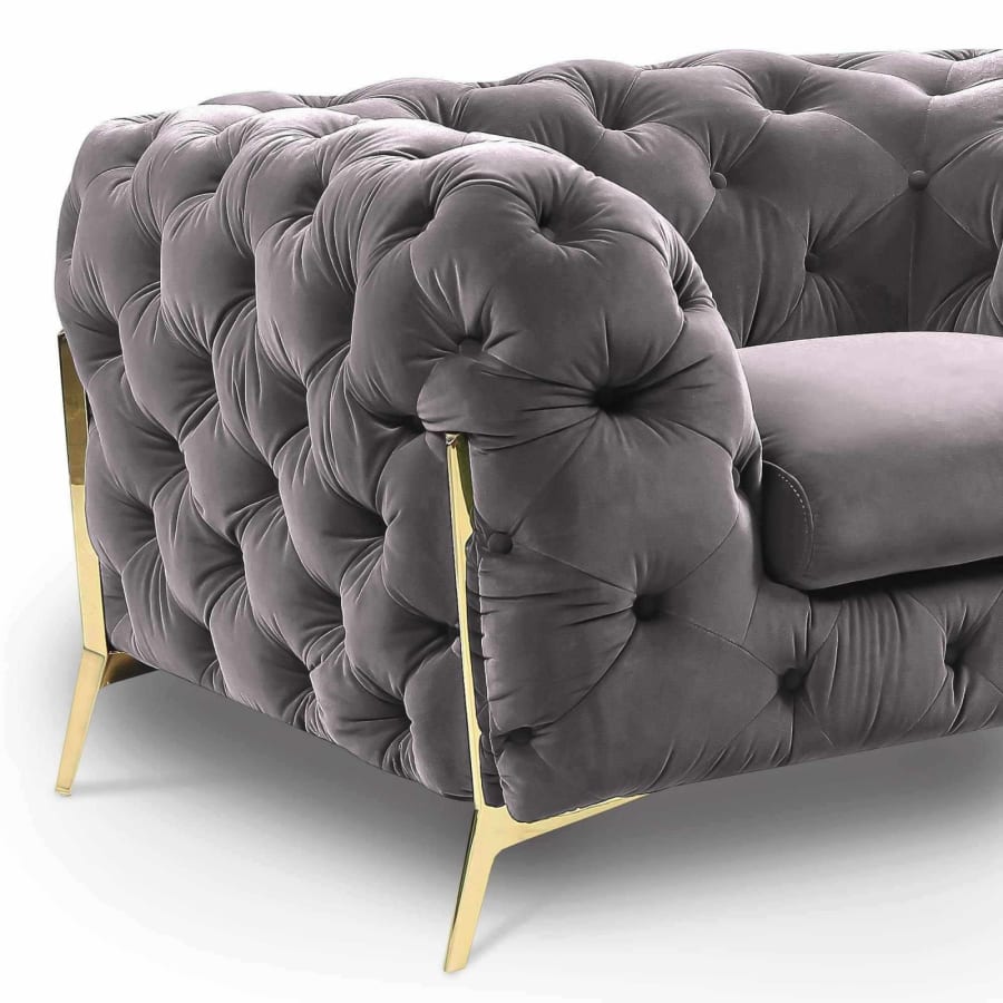 Canapé capitonné chesterfield en velours gris 3 places Angela