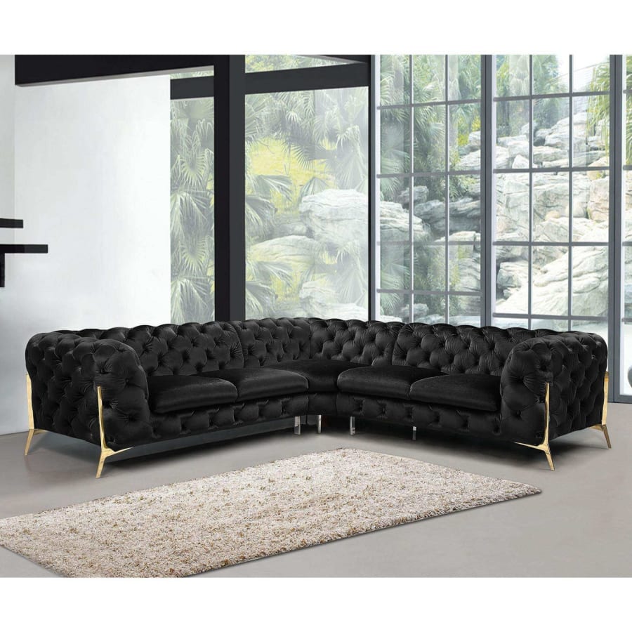 Canap&eacute; d'angle capitonn&eacute; chesterfield velours noir ANGELA