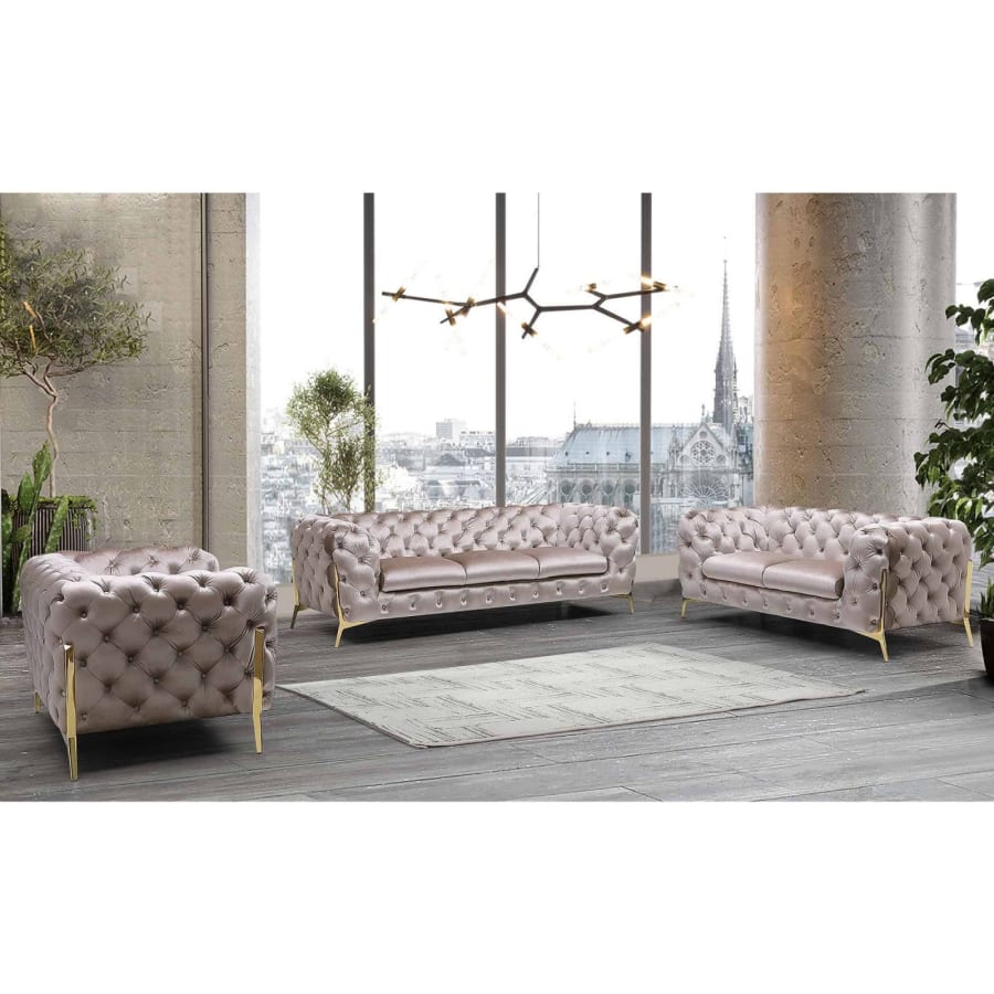 Ensemble canap&eacute; 3+2+1 places chesterfield velours beige ANGELA