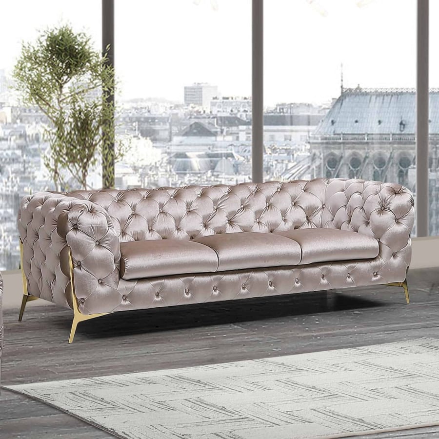 Ensemble canap&eacute; 3+2+1 places chesterfield velours beige ANGELA