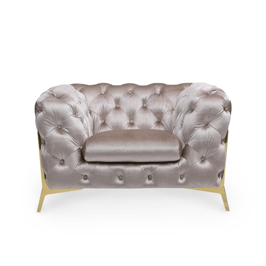 Fauteuil capitonn&eacute; chesterfield en velours beige Angela