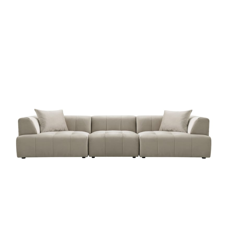 Canap&eacute; capitonn&eacute; 4 places en velours beige