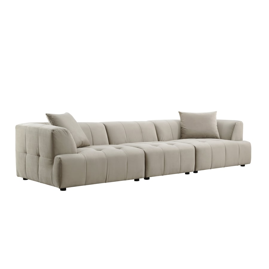 Canap&eacute; capitonn&eacute; 4 places en velours beige