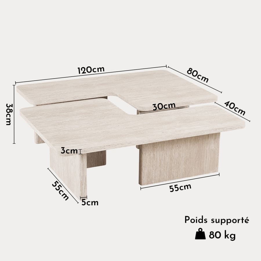 Table basse modulable couleur travertin beige 120 cm