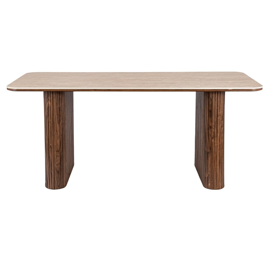 Table &agrave; manger rectangulaire en c&eacute;ramique beige pieds couleur bois fonc&eacute; 180 cm