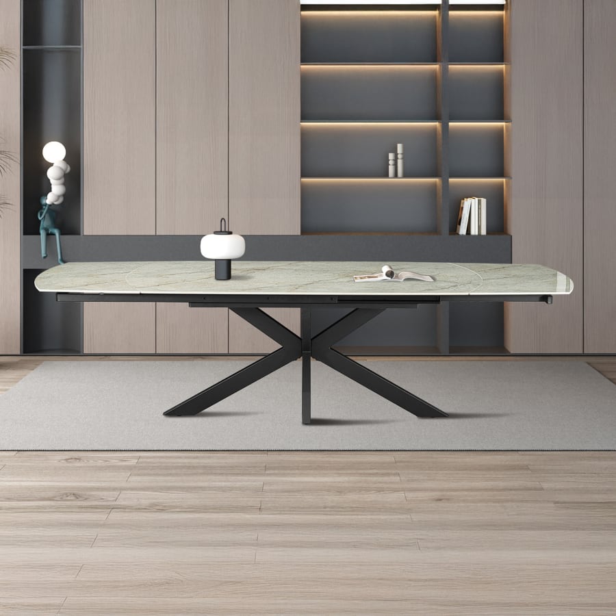 Table &agrave; manger extensible en pierre fritt&eacute;e beige et m&eacute;tal noir