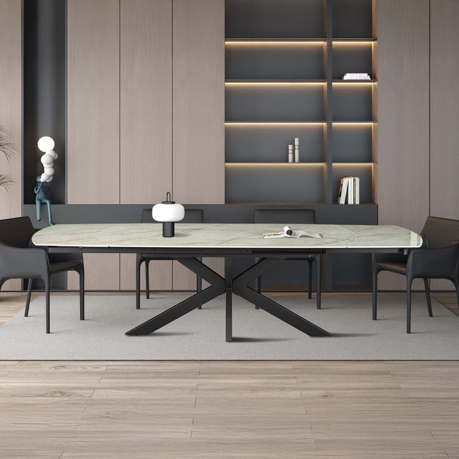 Table &agrave; manger extensible en pierre fritt&eacute;e beige et m&eacute;tal noir