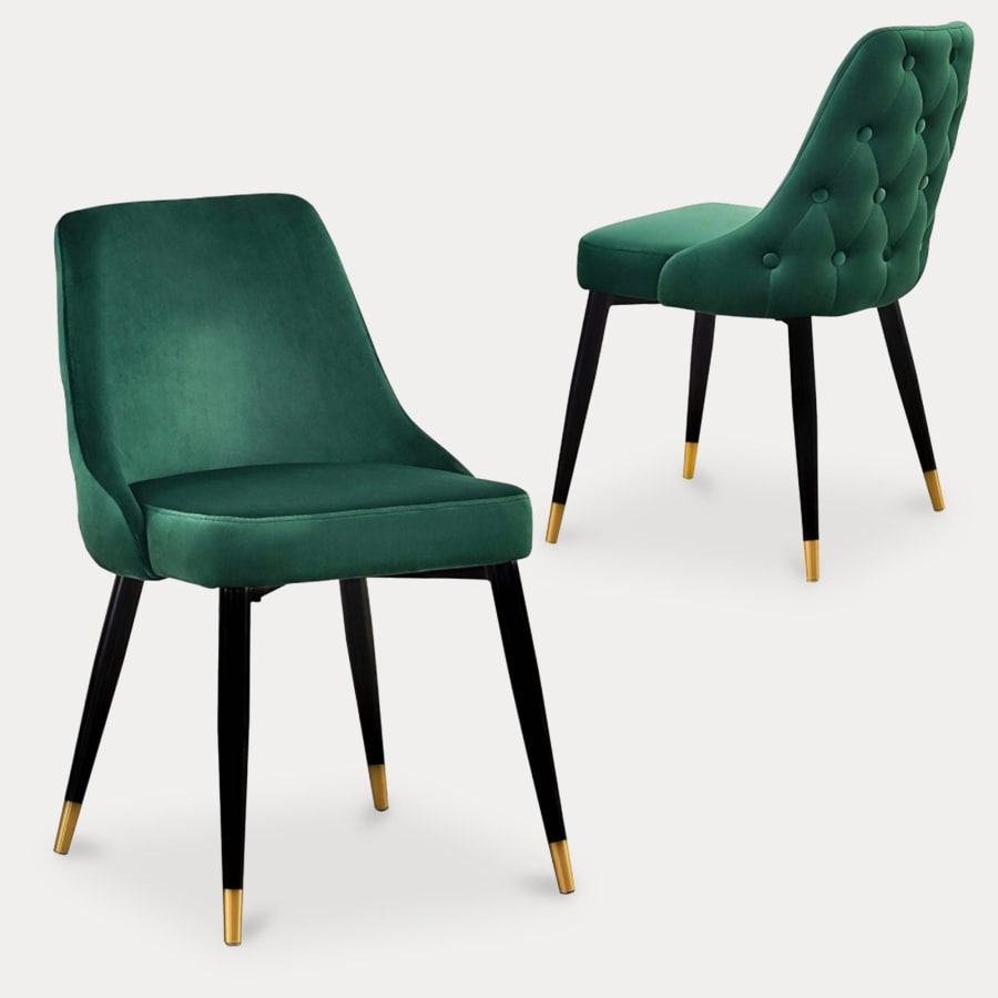 Lot de 2 chaises en velours vert dossier capitonné