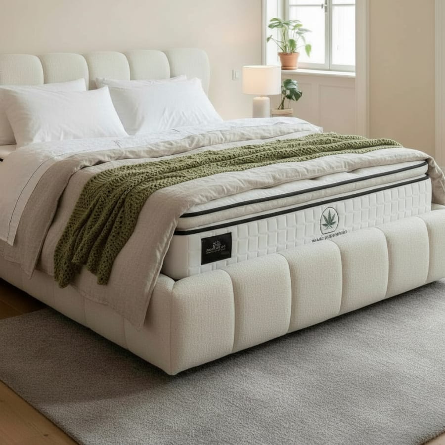 Lit double en tissu beige avec coffre 180x200 cm