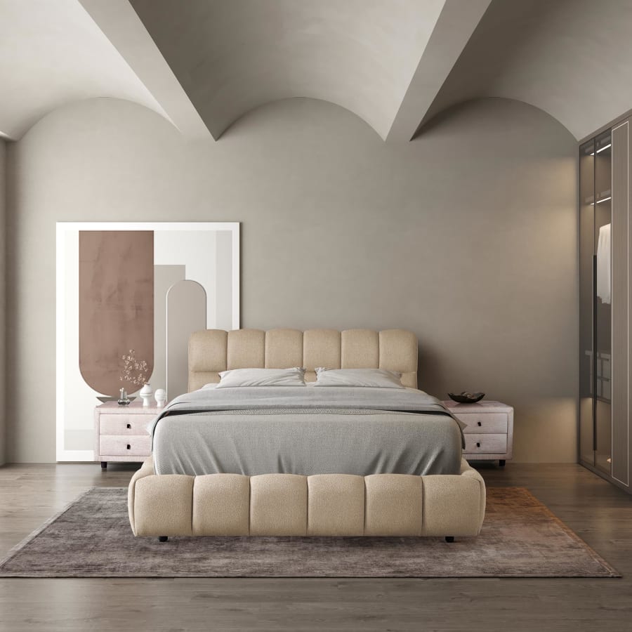 Lit double en tissu taupe avec coffre 140x190 cm