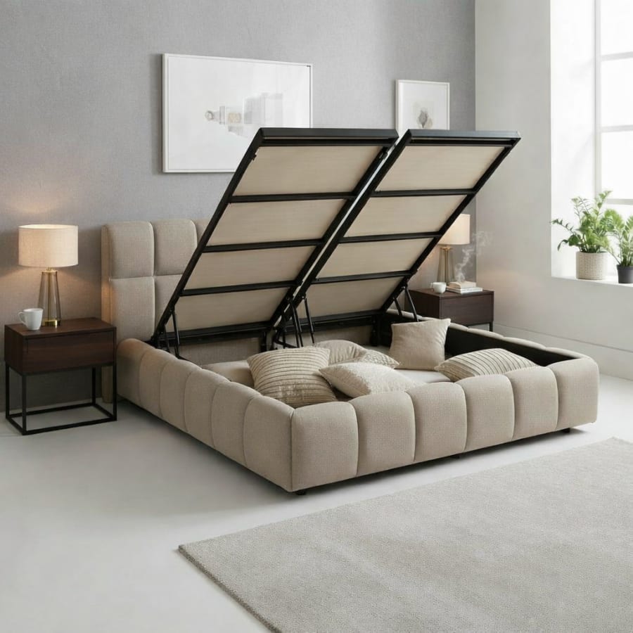 Lit double en tissu taupe avec coffre 160x200 cm