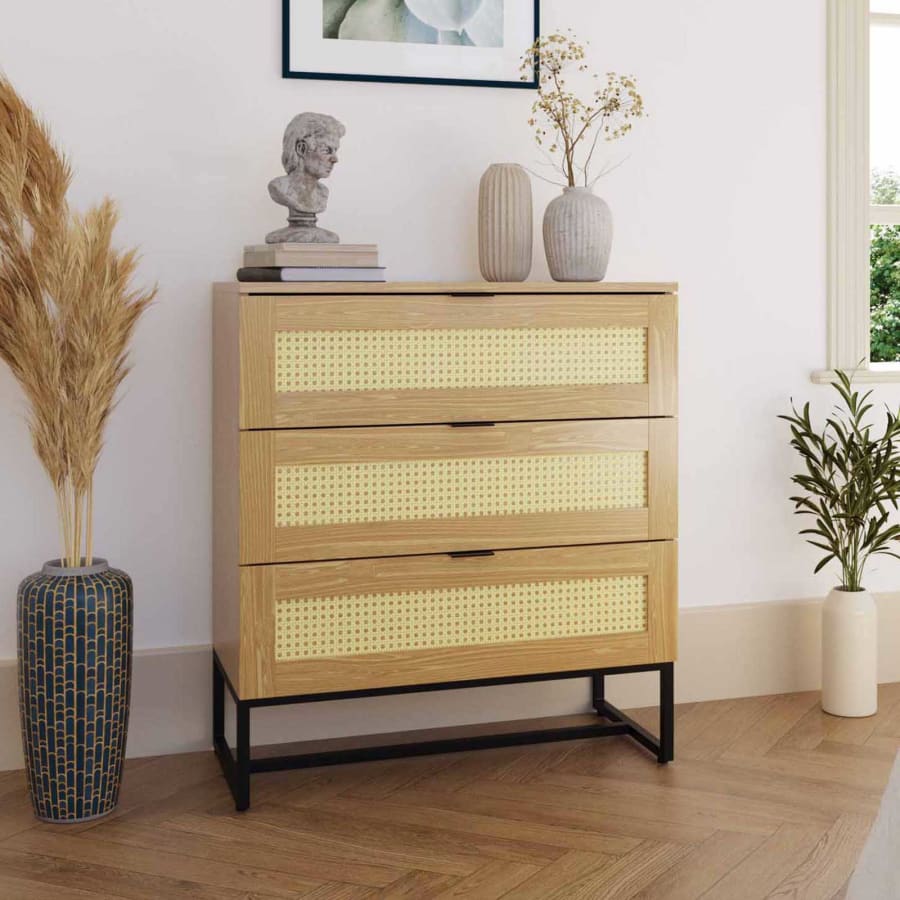 Commode scandinave 3 tiroirs en bois métal et cannage ARRIANE