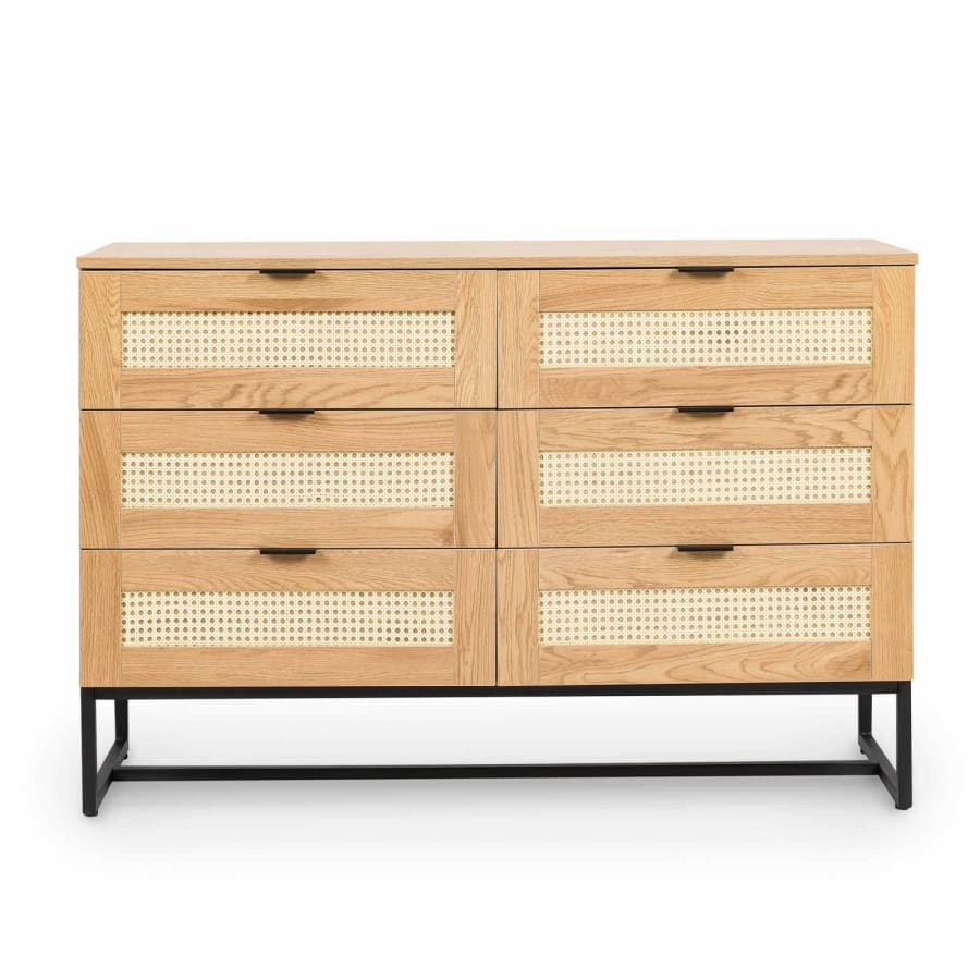 Commode scandinave 6 tiroirs en bois métal et cannage ARRIANE