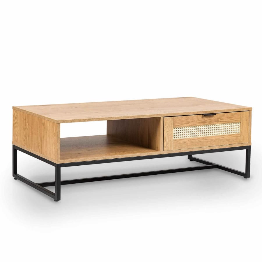 Table basse scandinave avec rangements en bois métal et cannage ARRIANE