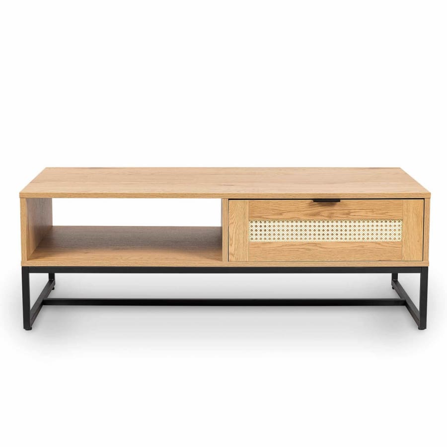 Table basse scandinave avec rangements en bois métal et cannage ARRIANE