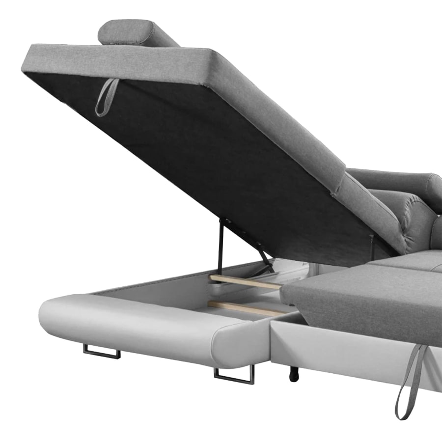Canapé d'angle convertible gris et blanc coffre de rangement - Angle Gauche