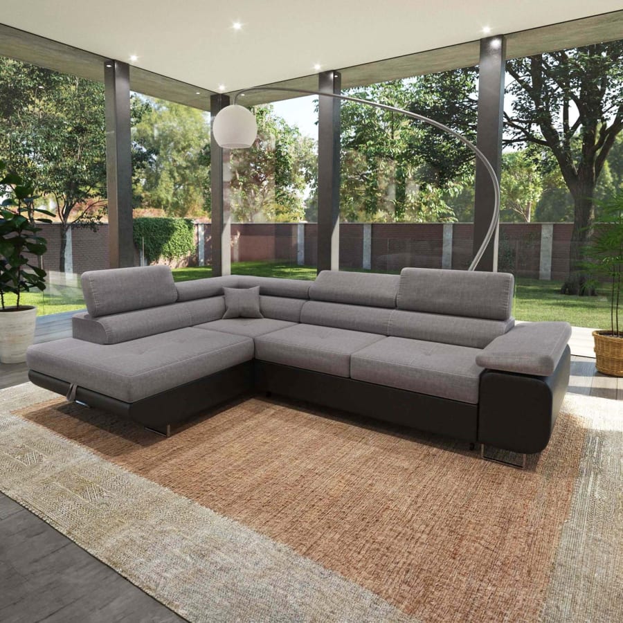 Canapé d'angle convertible gris et noir coffre de rangement - Angle Gauche